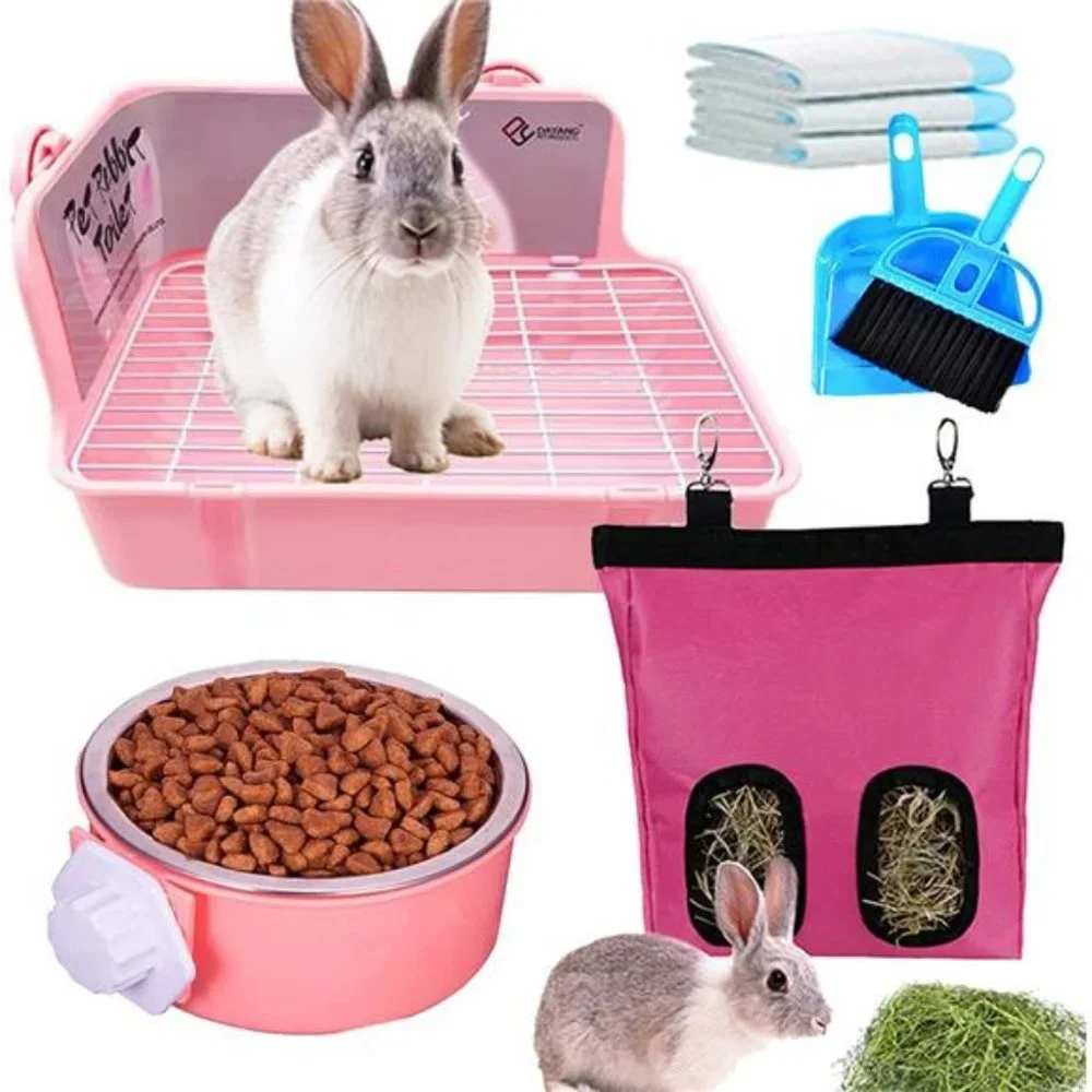 5-in-1 Rabbit Litter Box with Hay Food Feeding Setv((Medium(Pink)))